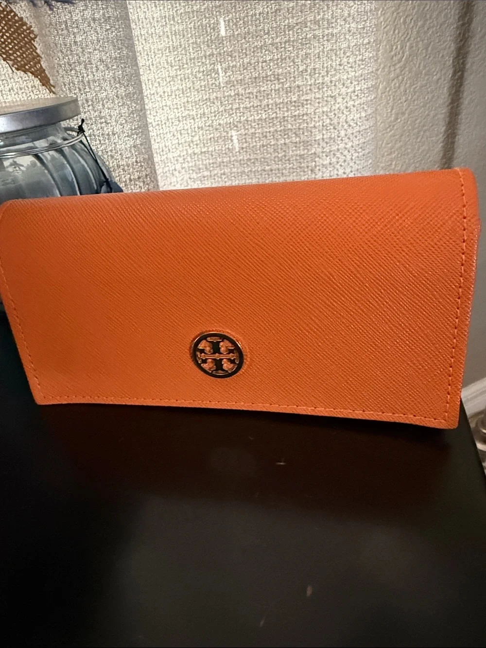 Tory Burch Orange Saffiano Lethet Glasses Sunglasses Case with Logo Medallion